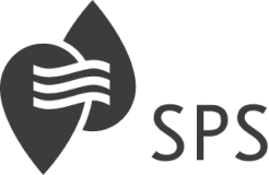 Logo featuring a stylized leaf with wavy lines next to the letters "SPS.